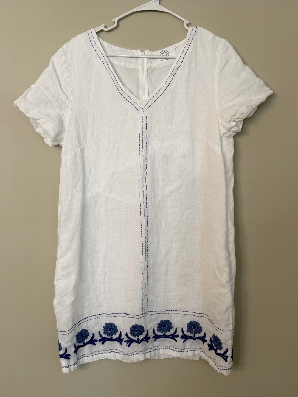 Anthropologie White Linen Mini Dress with Blue Floral Embroidery
